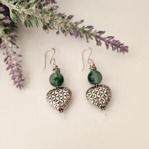 Natural Jade Stone Silver Heart Dangle Earrings